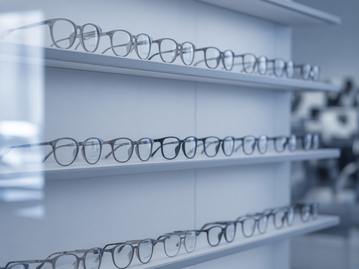 Wall of plain eyeglass frames in soft daylight