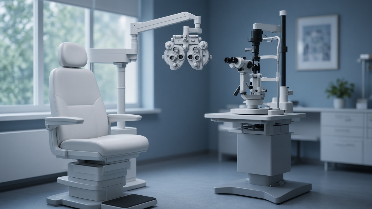 Empty optometry exam lane with a phoropter and slit lamp