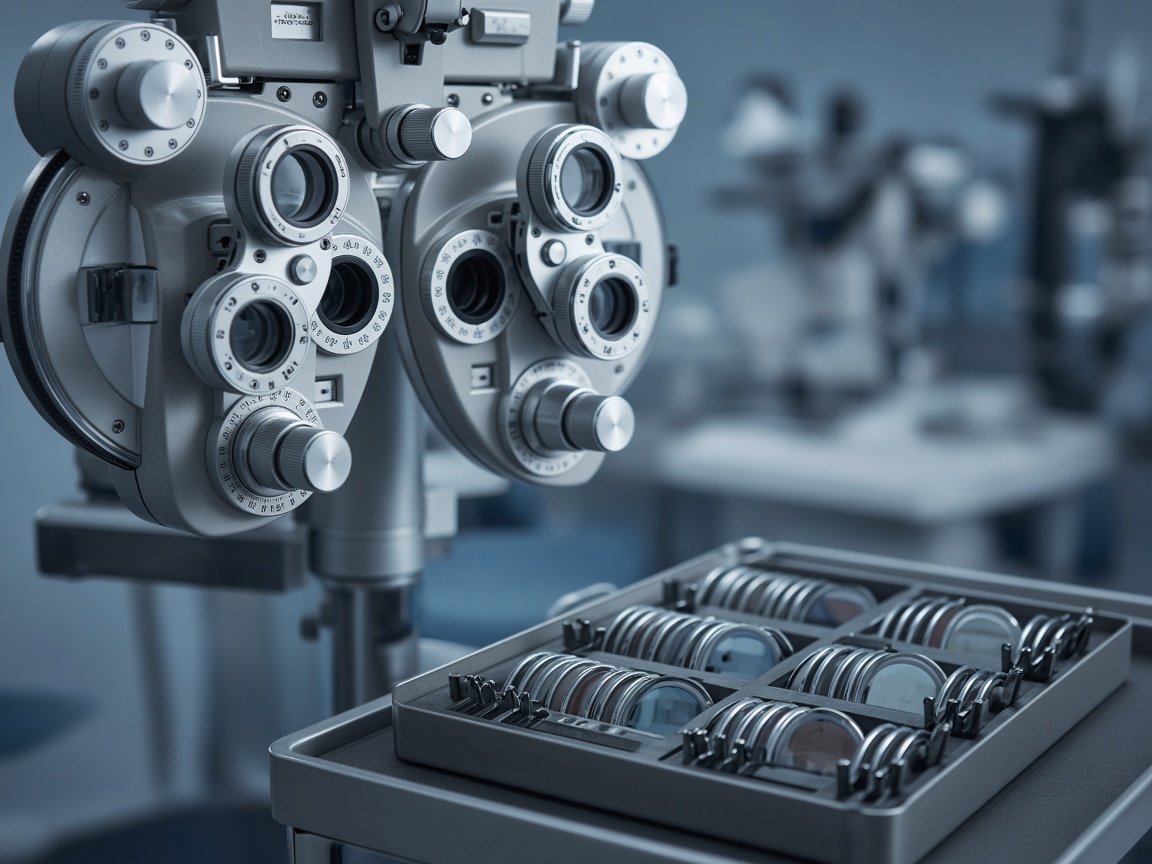 Phoropter and trial lenses on a clinical tray